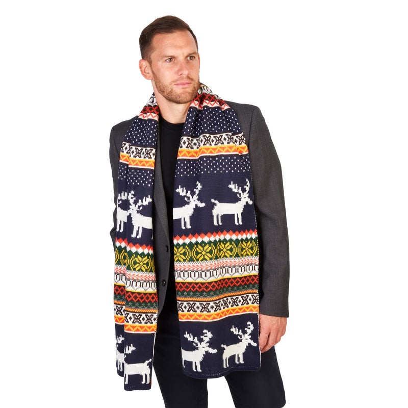 LOVARZI Christmas Scarves - Navy Blue Reindeer And Snowflake Knitted Warm Winter Scarf - Long Festive Themed Xmas Gifts for Ladies And Men - Image 3